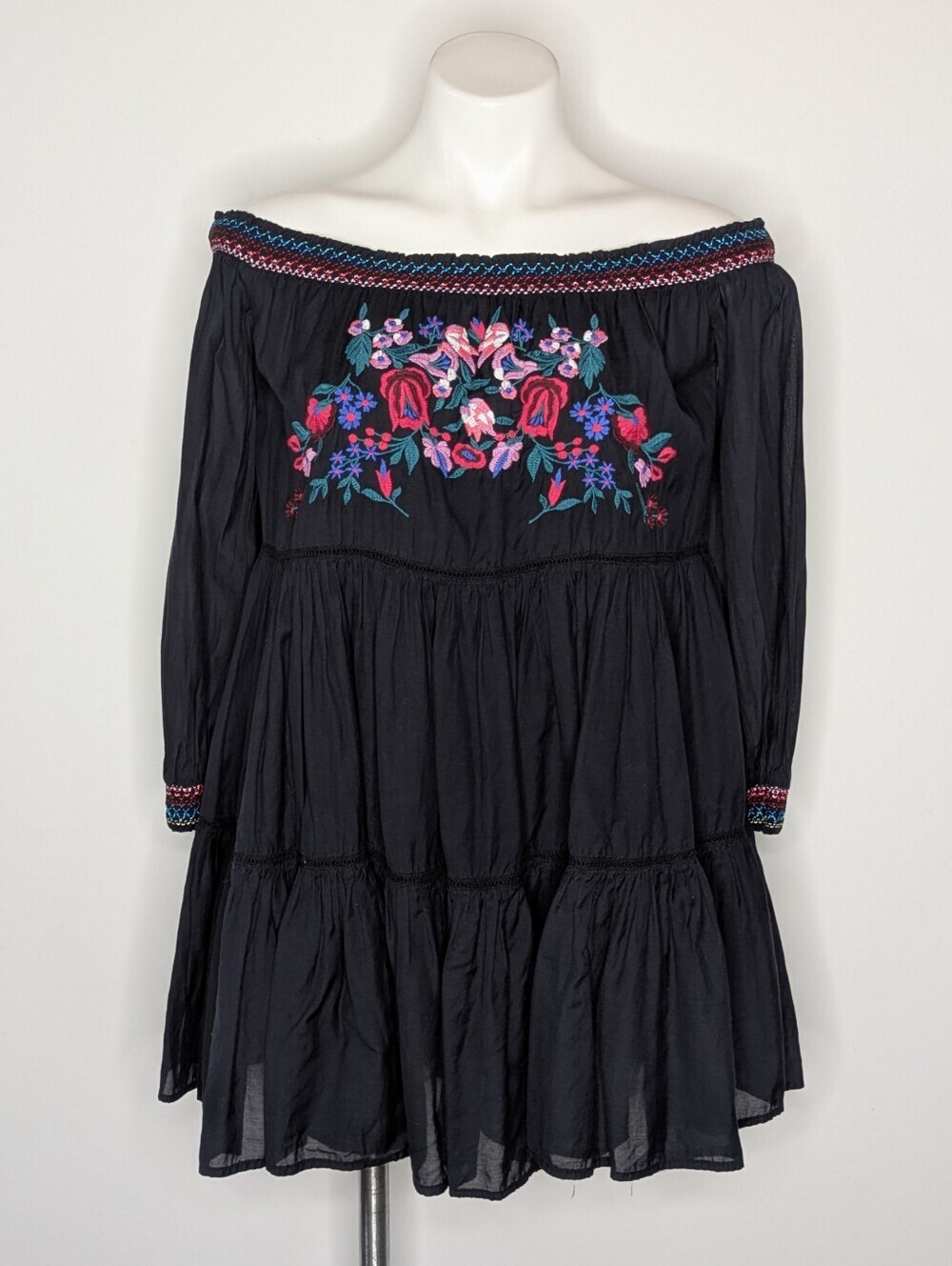 Free People Sunbeams Black Pink Red Embroidered Floral Mini Dress S